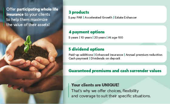 Offer participating whole life insurance to your clients to help them maximize the value of their assets. 3 products, 4 payment options, 5 dividend options. Guaranteed premiums and cash surrender values.